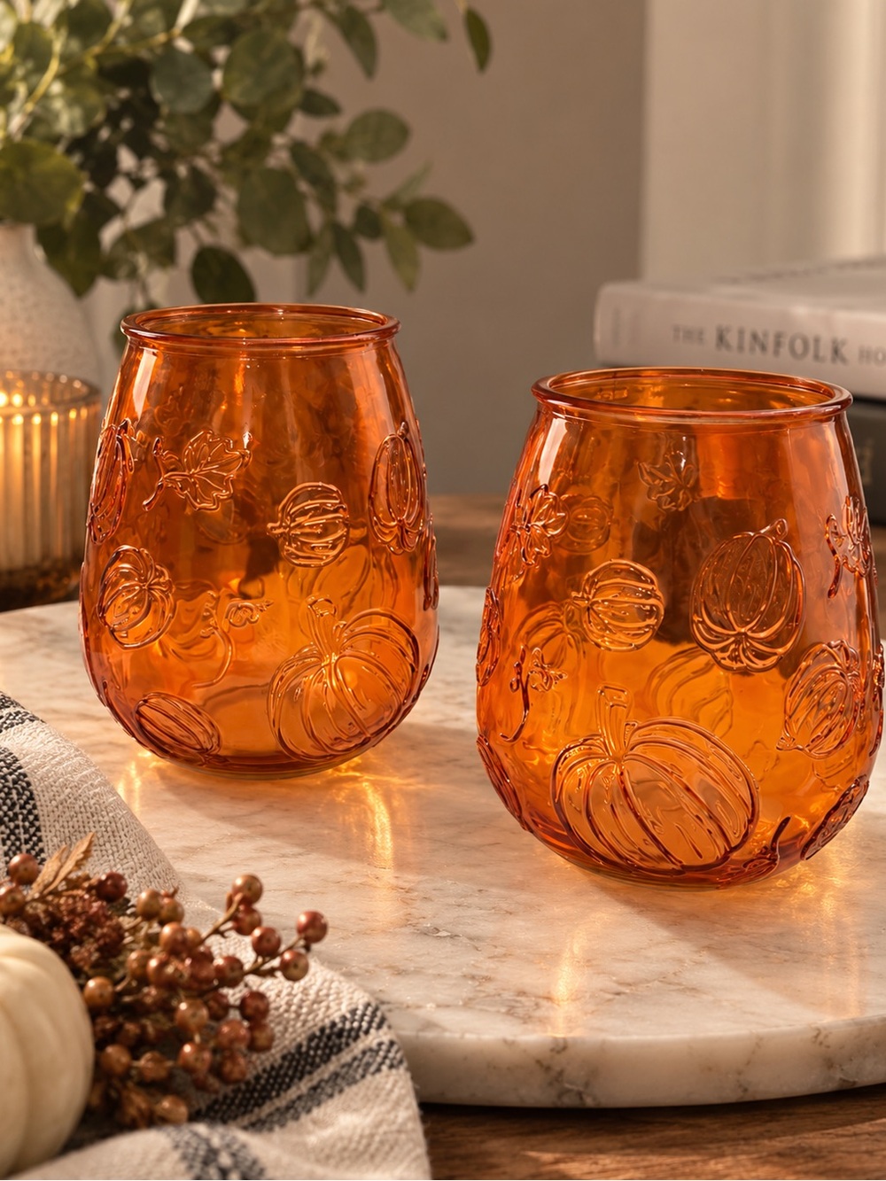 Source Unknown Amber Embossed Pumpkin Glass Tumbler Pair